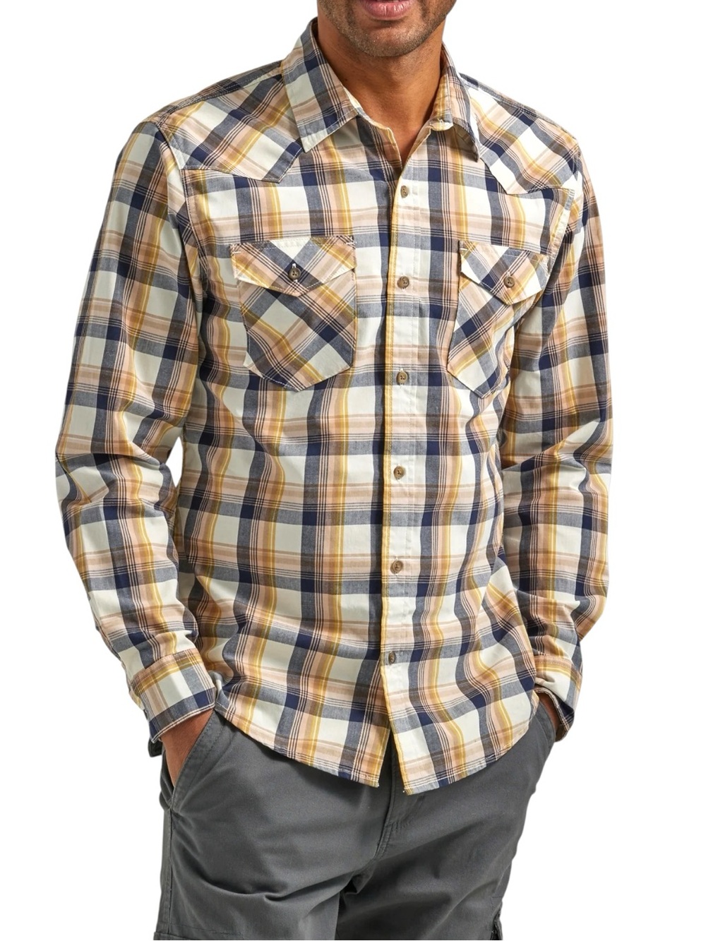 Wrangler Ivory/Navy/Mustard/Pink Plaid Button-Up Western Yoke Shirt (S)